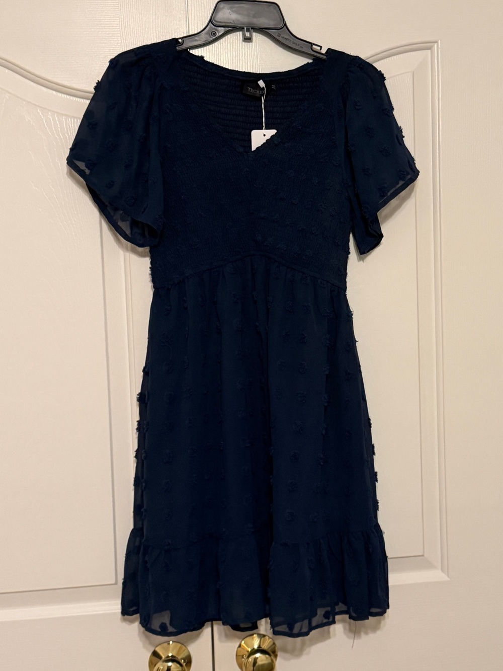 Textured Navy Mini Dress with Flutter Sleeves